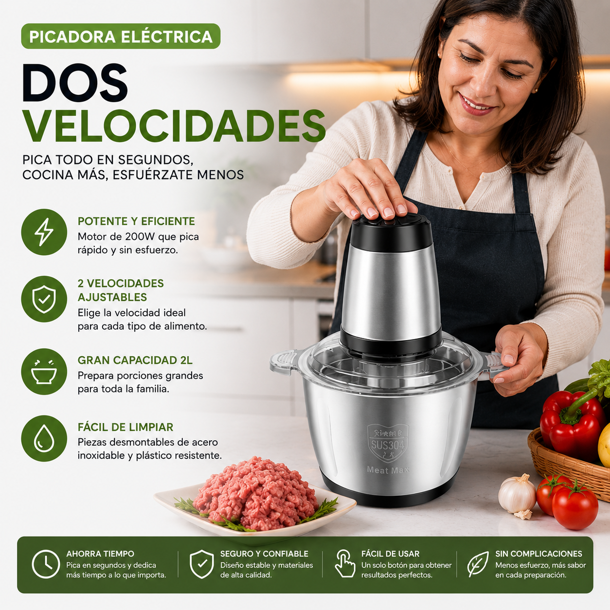 Picadora de carne 2 velocidades - Prepara Más, Esfuérzate Menos